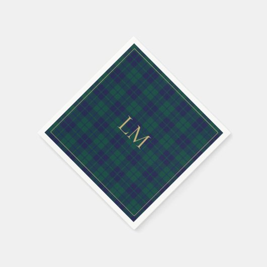 Classic Green Navy Tartan Plaid Gold Monogram Serviette (Ecke)