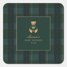 Classic Green Plaid Bear Baby Shower  Quadratischer Aufkleber