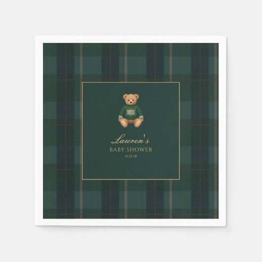 Classic Green Plaid Bear Baby Shower  Serviette (Vorderseite)