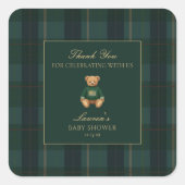 Classic Green Plaid Bear Baby Shower Thank You Quadratischer Aufkleber (Vorderseite)