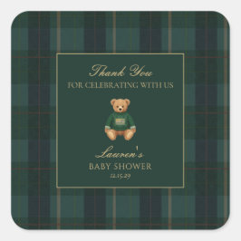 Classic Green Plaid Bear Baby Shower Thank You  Quadratischer Aufkleber