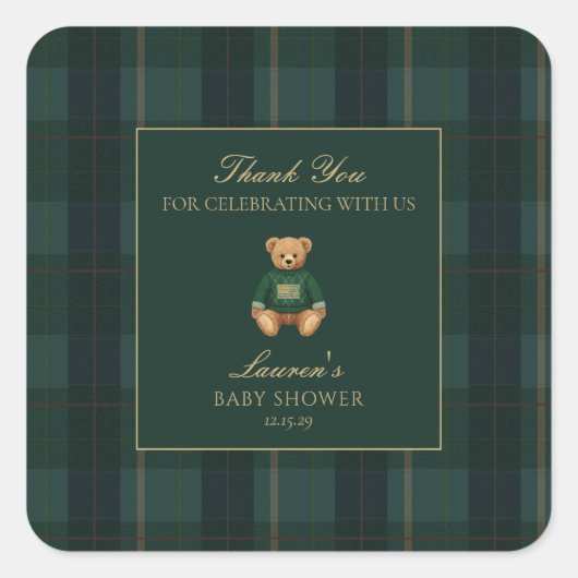 Classic Green Plaid Bear Baby Shower Thank You Quadratischer Aufkleber (Vorderseite)