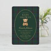 Classic Green Plaid Teddy Bear Baby Shower Einladung (Stehend Vorderseite)
