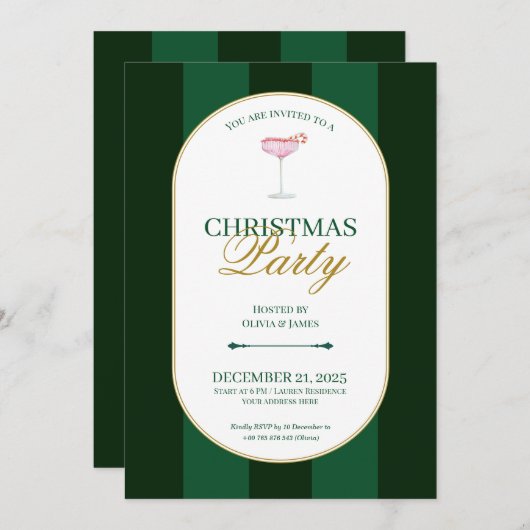Classic green stripe Christmas Invitation Einladung (Vorne/Hinten)