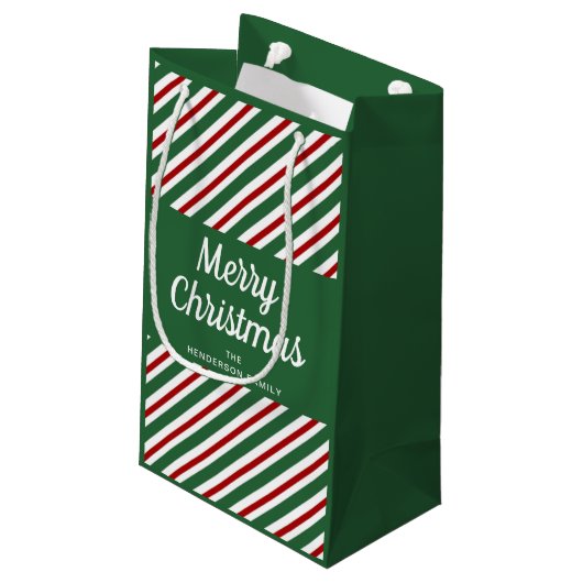 Classic Green Stripes Frohe Weihnachten Kleine Geschenktüte (Rückseite Schrägansicht)