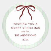Classic Green Stripes Red Bow Merry Christmas Runder Aufkleber (Vorderseite)