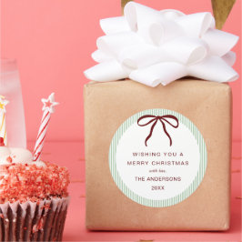 Classic Green Stripes Red Bow Merry Christmas Runder Aufkleber