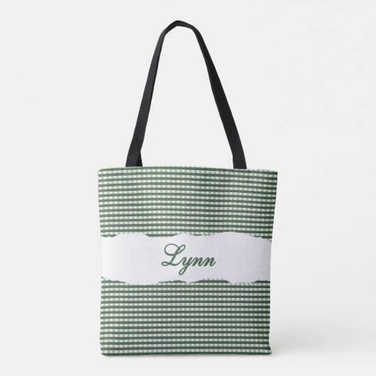 Classic Green & White Gingham | Personalized Name Tasche (Rückseite)