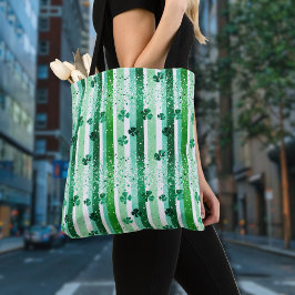 Classic Green White Vertical Stripes Shamrocks Tasche