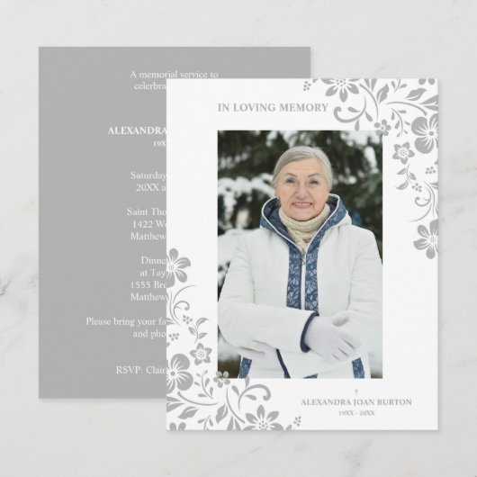 Classic Grey Floral Funeral Service Dear One Photo Mitteilungskarte (Vorne/Hinten)