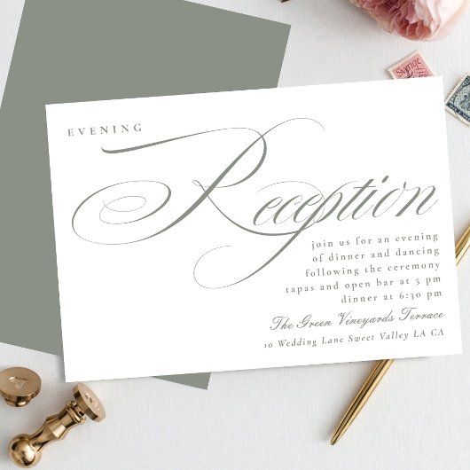 Classic Grey Green Calligraphy Wedding Reception Einladung