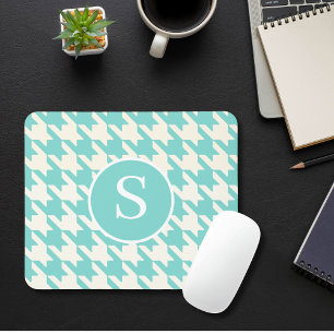 Classic Hahnentrittmuster Aqua Blue & White Monogr Mousepad