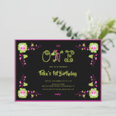 Classic Halloween Black & Pink Skull 1. Geburtstag Einladung (Stehend Vorderseite)