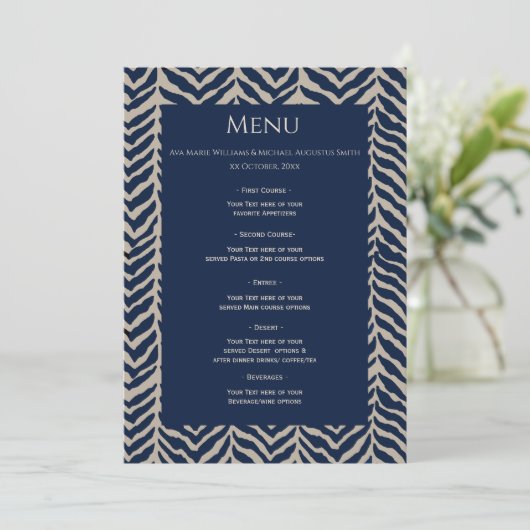 Classic Herringbone Navy - Wedding Reception Menu Menükarte (Stehend Vorderseite)