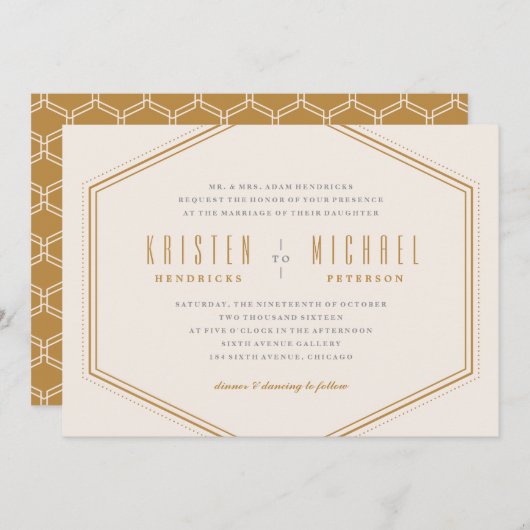 Classic Hexagon Wedding Invitation - Gold Einladung (Vorne/Hinten)