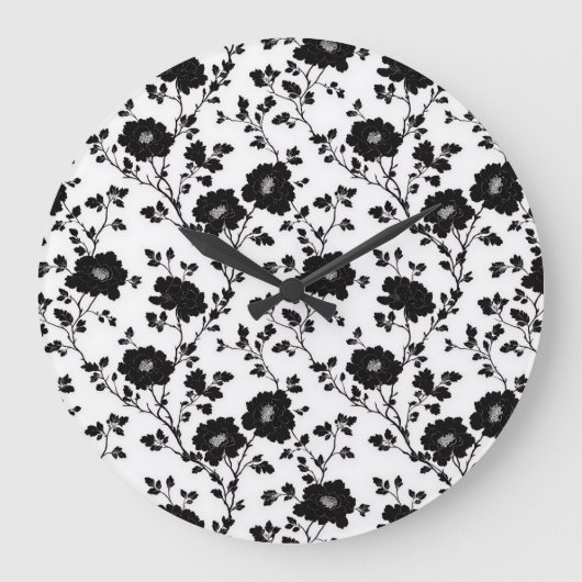 Classic High Contrast Black Floral Silhouette Große Wanduhr (Vorderseite)