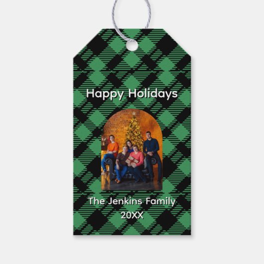 Classic Holiday Green Checkered Pattern Custom Geschenkanhänger (Vorderseite)