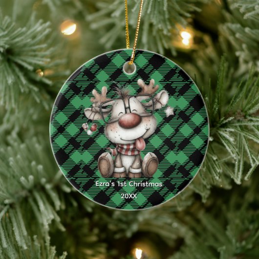 Classic Holiday Green Checkered Pattern Custom Keramik Ornament (Baum)