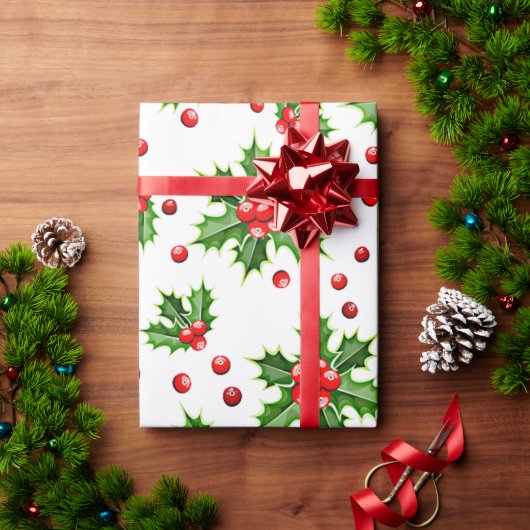 Classic Holiday Holly Tree Blätter Berries Pattern Geschenkpapier (Feiertagsgeschenk)