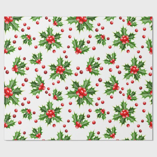 Classic Holiday Holly Tree Blätter Berries Pattern Geschenkpapier (Flach)