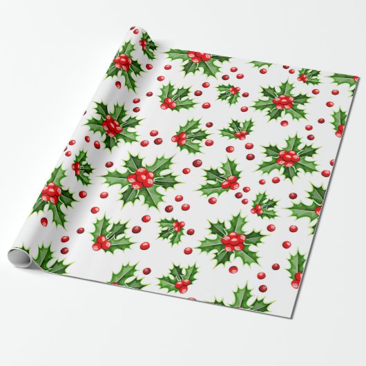 Classic Holiday Holly Tree Blätter Berries Pattern Geschenkpapier (Ungerollt)