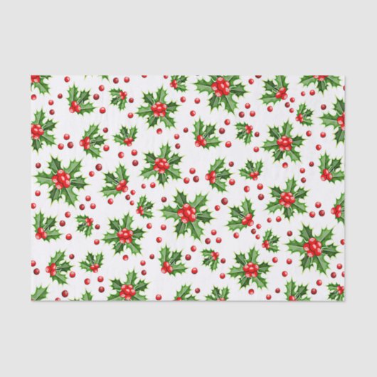 Classic Holiday Holly Tree Blätter Berries Pattern Seidenpapier (Vorderseite)