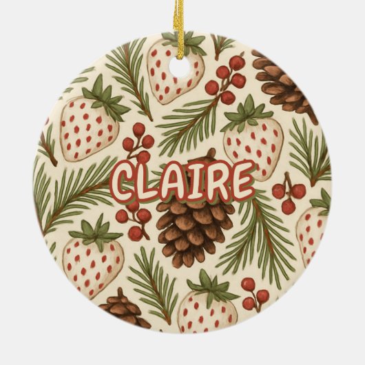 Classic Holiday Pine Berries Rotes Grün Keramik Ornament (Hinten)