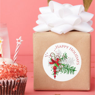 Classic Holiday Red White Candy Cane Green Foliage Runder Aufkleber