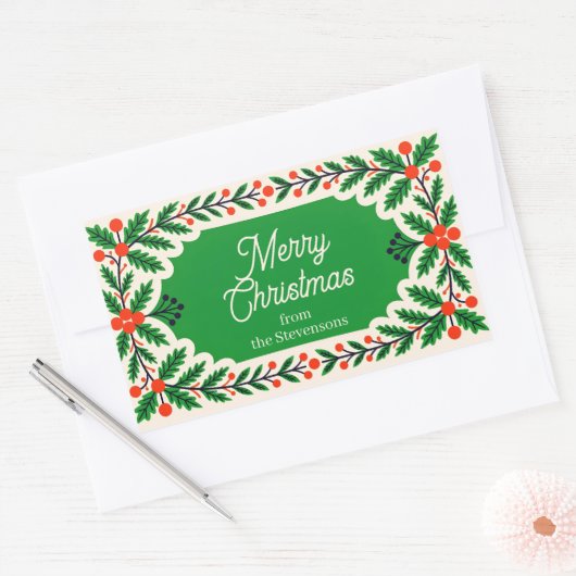 Classic Holly Berries & Pine Wreath Weihnachten Rechteckiger Aufkleber (Umschlag)