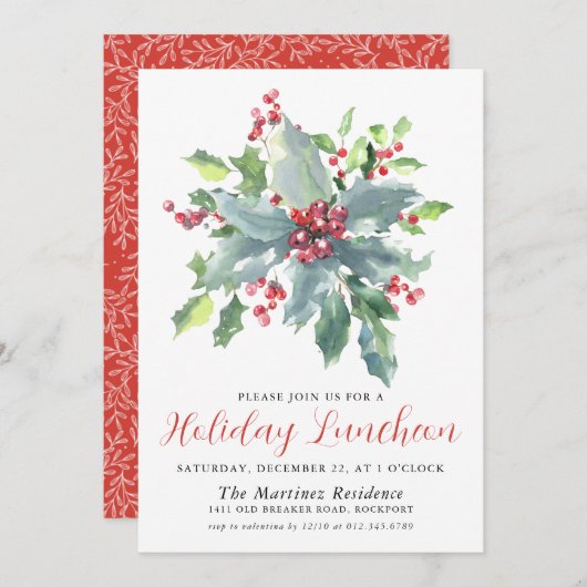 Classic Holly Berry Greenery Holiday Luncheon Einladung (Vorne/Hinten)