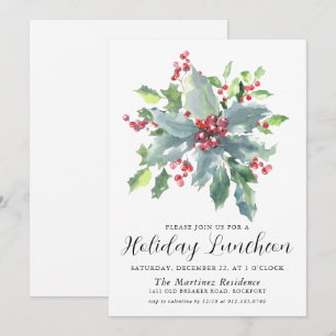 Classic Holly Berry Greenery Holiday Luncheon Einladung