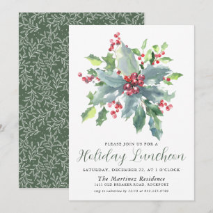 Classic Holly Berry Greenery Holiday Luncheon Einladung