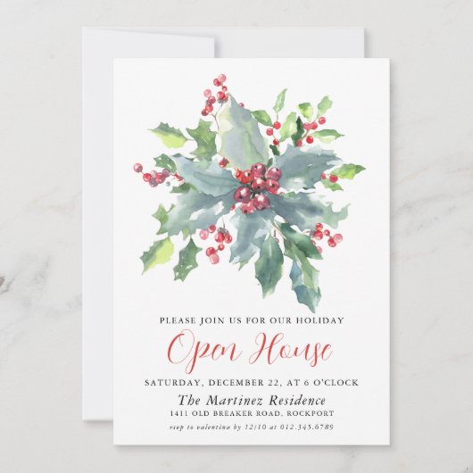 Classic Holly Berry Greenery Holiday Open House Einladung (Vorderseite)