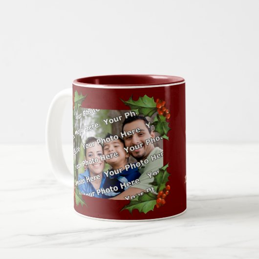 Classic Holly Border Christmas Photo Mug Zweifarbige Tasse (Vorderseite Links)
