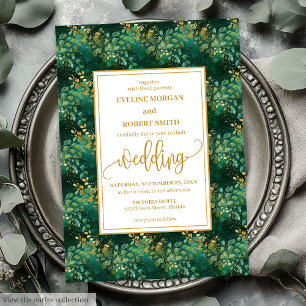 Classic Hunter Green Gold Eucalyptus Wedding Einladung