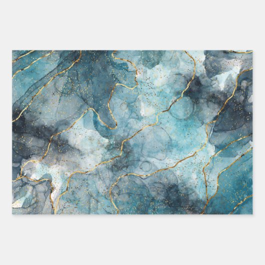 Classic Imitate Marble Blue/Gold Geschenkpapier Set (Vorderseite)