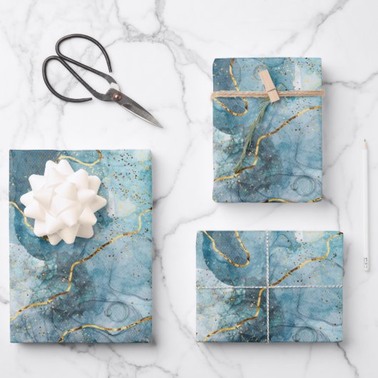 Classic Imitate Marble Blue/Gold Geschenkpapier Set (Vorderseite)