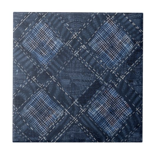 Classic Indigo Diamond Stitch Denim Muster Fliese (Vorderseite)