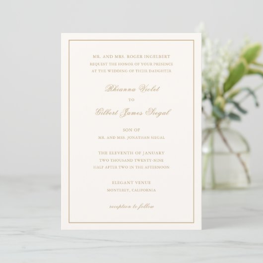 Classic Ivory and Gold Border Timeless Wedding Einladung (Stehend Vorderseite)