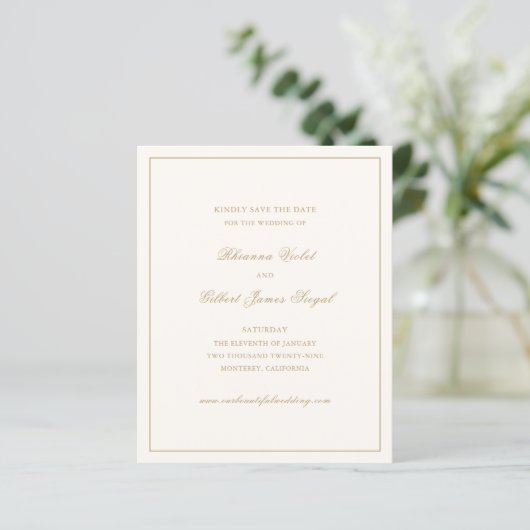 Classic Ivory and Gold Budget Wedding Save Date (Stehend Vorderseite)