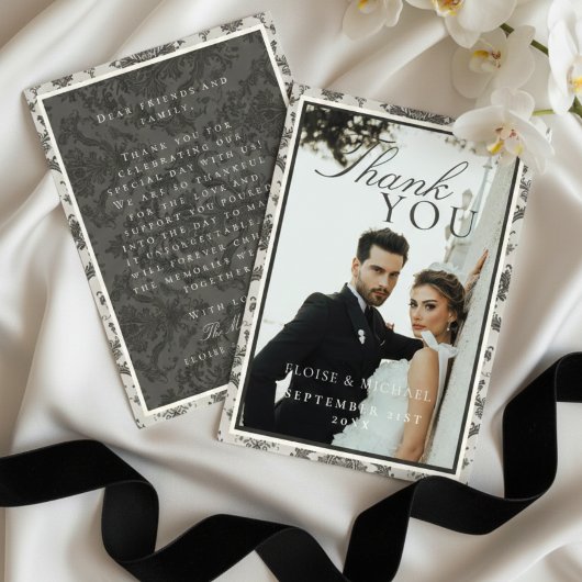 Classic Ivory Damask Rococo Pattern Photo Wedding Dankeskarte