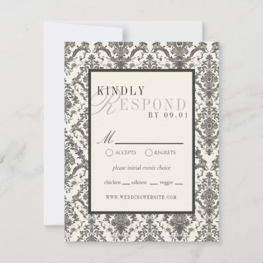 Classic Ivory Damask Rococo Pattern Wedding RSVP Karte (Vorderseite)