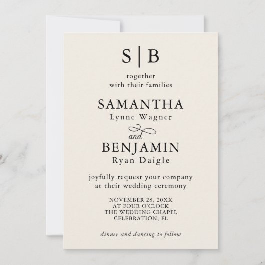 Classic Ivory Monogram Initials Wedding Einladung (Vorderseite)