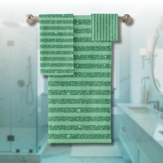 Classic Jade Green Glitter Style Vertical Stripes Badhandtuch Set