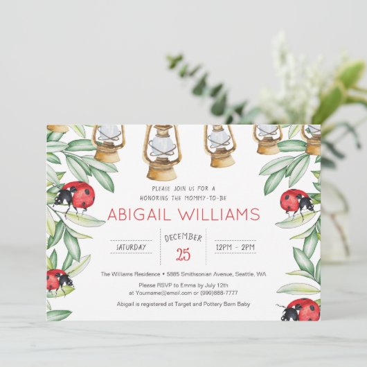 Classic Lady Bug Green Garden Baby Dusche Einladung (Stehend Vorderseite)