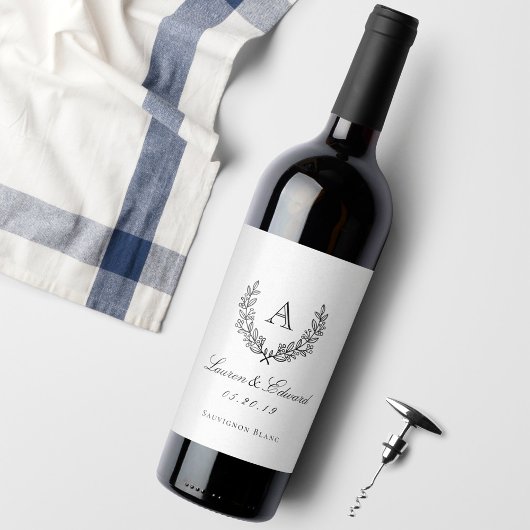 Classic Laurel Monogram Wedding Wine Bottle Labels Weinetikett