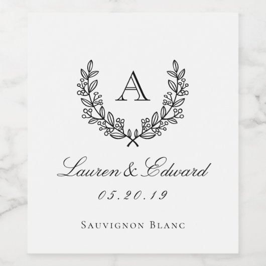 Classic Laurel Monogram Wedding Wine Bottle Labels Weinetikett (Einzelnes Label)