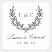 Classic Laurel Wedding Initial Monogram Quadratischer Aufkleber (Vorderseite)