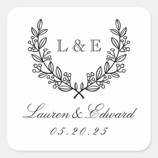 Classic Laurel Wedding Initial Monogram Quadratischer Aufkleber (Vorderseite)