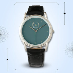 Classic Laurel Wreath Aquamarin Gold Monogram Armbanduhr